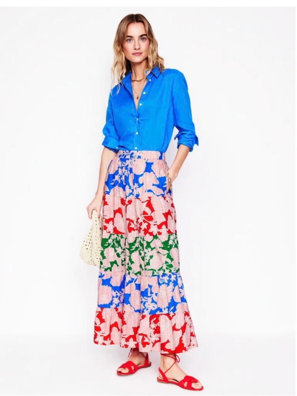 Boden Nadia Poplin Tiered Floral Maxi Skirt in Blue, Red, Green & Pink. Size 4R